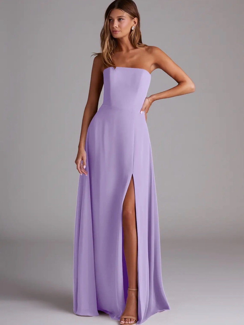 Azazie Strapless Lilac Formal Gown with Thigh Slit - Wren, Size A12, Color Lilac